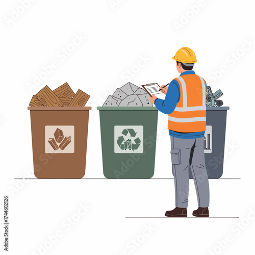 Construction worker reviewing waste sorting bins with clipboard.