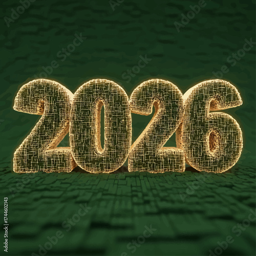 Glowing golden 2026 numerals against a textured dark green background, futuristic design.