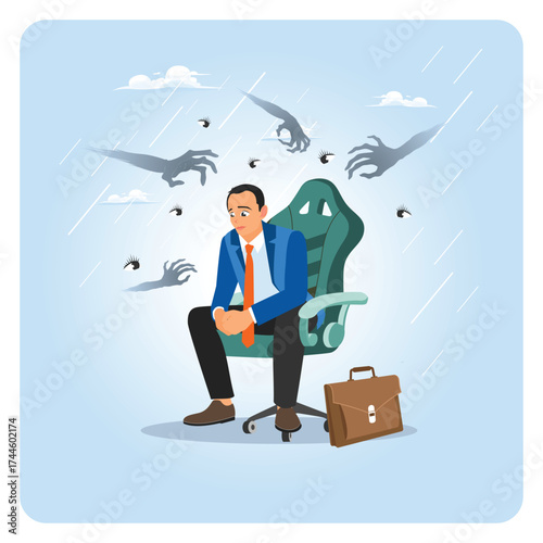 Depression from stress and anxiety. Stressed Businessman Seated in Office Chair Amid Rain.