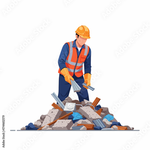 Construction worker sorting debris pile in safety gear.