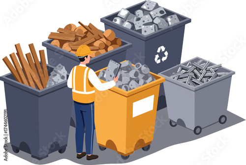Construction worker sorting materials in recycling bins.