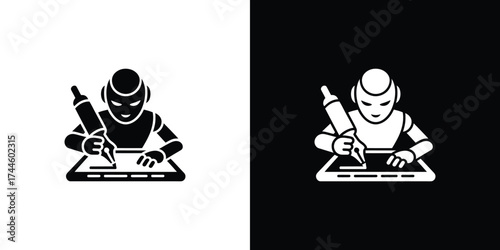 Glyph Robot Writing on Tablet with Pen Stylus on White and Black Backgrounds