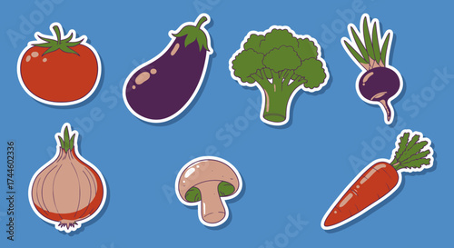 A vibrant vector illustration showcases a collection of fresh, healthy vegetables, including a tomato, eggplant, broccoli, beet, onion, mushroom, and carrot, perfect for culinary and dietary themes.