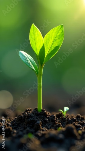 New plant sprouts from rich soil under gentle sunlight in a vibrant outdoor setting