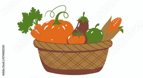 A charming vector illustration displays a bountiful harvest basket filled with fresh, colorful vegetables including pumpkin, corn, and eggplant.