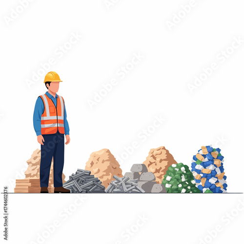 Construction worker standing near piles of building materials and debris.