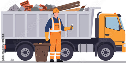 Construction worker with debrisfilled dump truck and wheelbarrow.