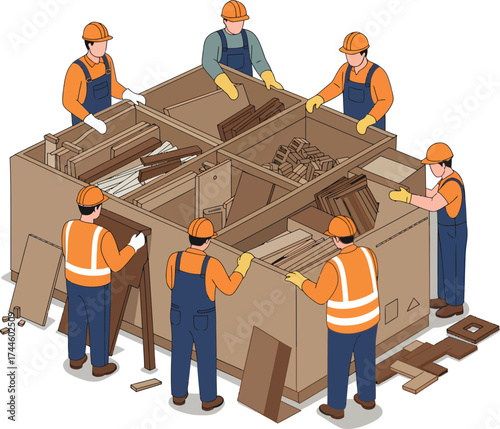 Construction workers assembling a large wooden crate with internal dividers.