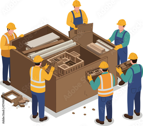 Construction workers assembling building materials in large crates.