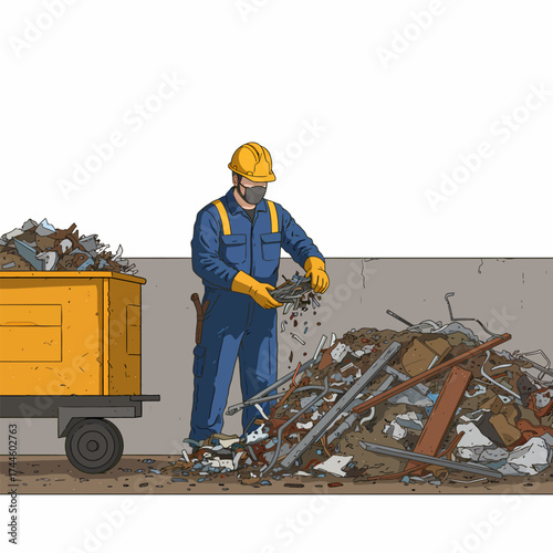 Worker in Hard Hat and Mask Sorting Scrap Metal.