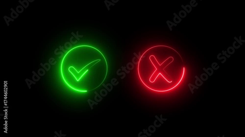 Minimal neon Check Mark and Cross Icon in Circle on Black Background.Tick or check mark and cross mark signs neon icon animation.right and wrong neon icons.Neon Animated True and False symbols.4k
