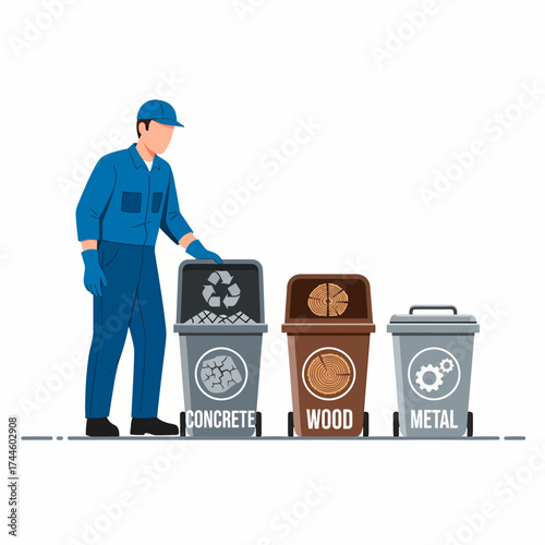 Worker sorting waste into labeled recycling bins for concrete wood and metal.