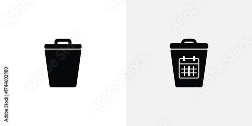 Isolated Trash Bin Icons in Black and White, Deleting and Calendar Schedule