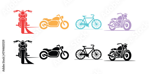 Motorbike Bicycle Icons Set with Dynamic Motion in Red Yellow Blue Lilac Colors