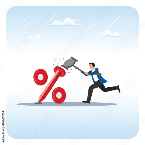 Cut or reduce inflation by monetary policy. Businessman Straining to Break a Large Percentage Sign.