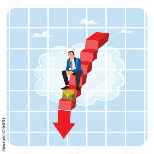 Businessman Sitting On Red Staircase With Downward Arrow, Signaling Market Decline.