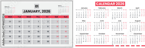 2026 English Calendar template vector design in weekly and monthly layout. English calendar week starts on Sunday with editable font