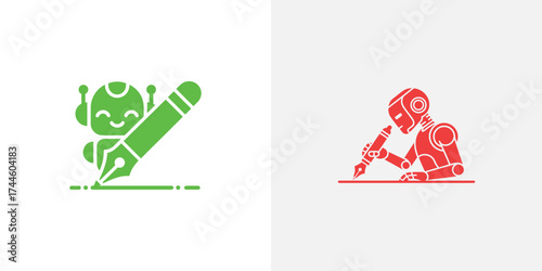Two Robots Writing with Pen Icons; Green Smiling Bot, Red Cyborg, Transparent
