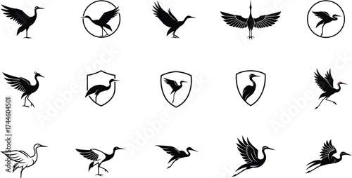 Collection of Black Crane and Heron Bird Silhouettes for Logos .