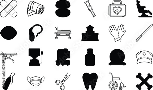 Hospital Equipment, Doctor and Nurse Symbols, First Aid Kit, Microscope, Stethoscope, Wheelchair, Oxygen Cylinder, Surgical Instruments, Medical Gloves, Bed, Tooth, Mask, and Health Care Vector Design