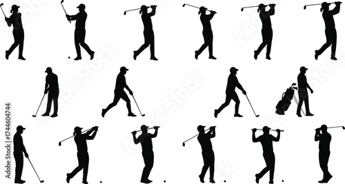 Black silhouettes of male and female golfers in various poses on white background sport swing