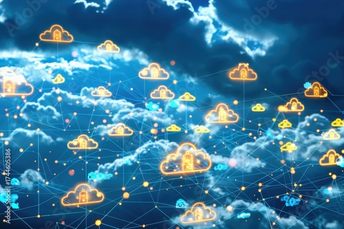 Abstract cloud-computing scene with glowing cloud icons and connecting network lines over a blue sky, symbolizing data exchange, services, and digital infrastructure.