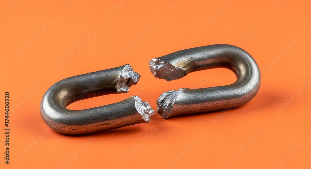 Obraz premium Broken Metal Chain on Orange Concept of Disconnection with Failure, and or Strength.