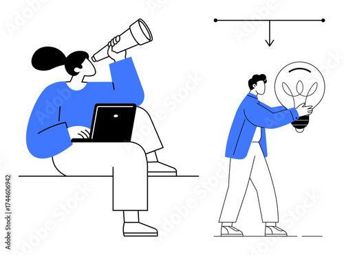Woman with telescope and laptop seeking opportunities, man carrying light bulb symbolizing new ideas. Ideal for teamwork, innovation, creativity, vision, solutions, strategy, simple flat metaphor