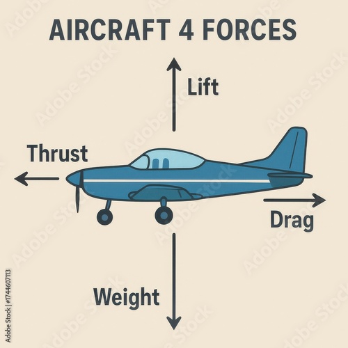 Illustrated airplane showing four aerodynamic forces: lift upward, weight downward, and opposing thrust and drag.