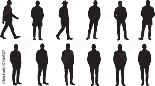 Collection of black male silhouettes in various poses and outfits on white background person people
