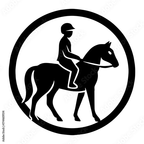 Circular badge with horse and rider silhouette icon — equestrian emblem or racing tournament logo design
