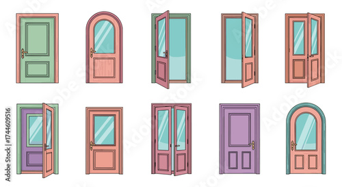 A collection of colorful doors with various designs and open or closed.