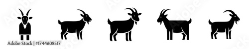Minimalist vector illustration set showcasing various black goat silhouettes, perfect for farm animal themes, nature designs, and graphic icons