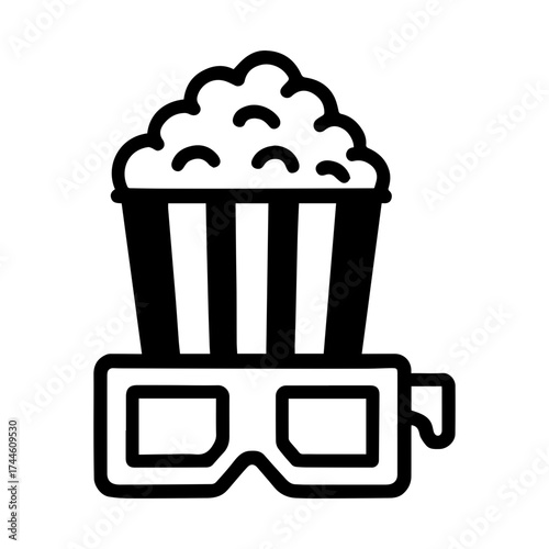 Popcorn tub + 3D glasses icon — movie night entertainment symbol with cinema snack and eyewear
