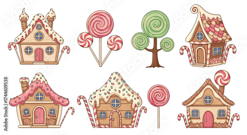 Charming candy houses and lollipops arranged in a delightful collection.