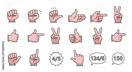 Collection of diverse hand gestures and icons representing communication and counting elements.