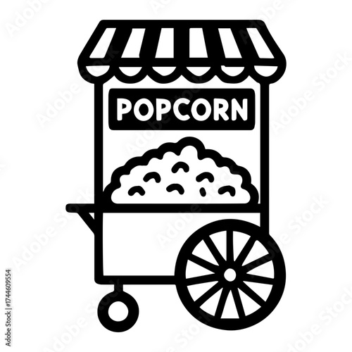 Popcorn machine (retro carnival style) — vintage snack maker icon with striped canopy and wheels
