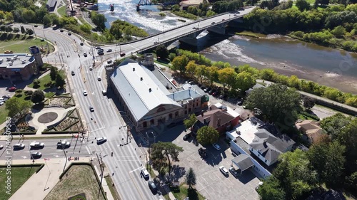 Aerial View of Brantford Ontario – Grand River, Downtown, Bridges, and Brant Conservation Area