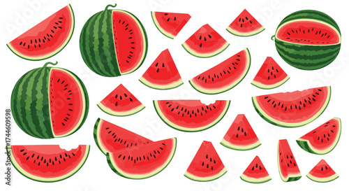 Collection of delicious red watermelon slices and whole fruits in various arrangements.
