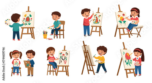 Young children happily painting pictures on easels with colorful art supplies and brushes during a fun art class.