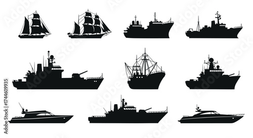 Collection of various naval and sailing vessels depicted as silhouettes on a white background.