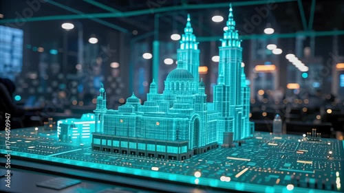 Futuristic cityscape model featuring glowing blue light, digital architecture, modern technology innovation, and electronic circuit board exhibition