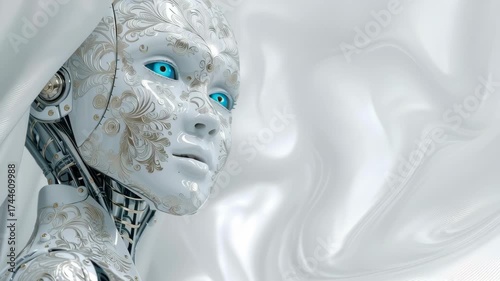 Futuristic robot artificial intelligence with intricate metallic and floral patterns, blue eye, serene expression, advanced technology, white silver