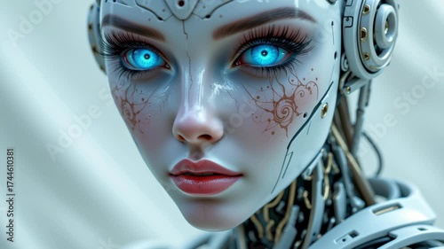 Futuristic female android robot portrait closeup with glowing blue eyes, intricate cybernetic facial patterns, metallic artificial skin