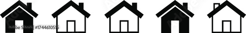 Five black house icons with pitched roofs and rectangular doors home symbol