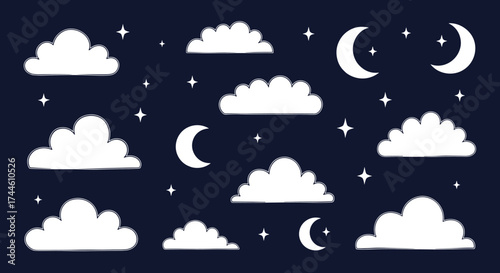 Fluffy white clouds drift peacefully across a dark starry night sky with crescent moons.
