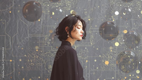 Elegant woman female portrait profile with short black hair, wearing black dress, standing before abstract geometric and digital circuit backgrounds