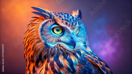 Vivid Abstract Owl Portrait Colorful Wildlife Bird Animal with Intense Orange and Blue Feathers, Glowing Eyes, Dramatic Lighting, Mystical Mood