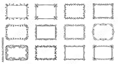 A collection of twelve decorative rectangular borders and frames with floral and vine elements.