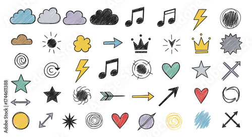 A collection of diverse hand drawn doodle icons and symbols on a white background.